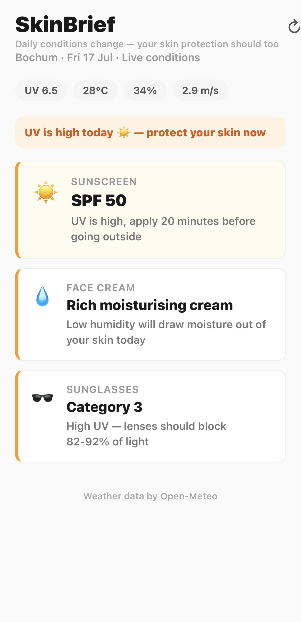 SkinBrief's briefing screen for a warm dry day — SPF 50, rich moisturising cream, category 3 sunglasses.