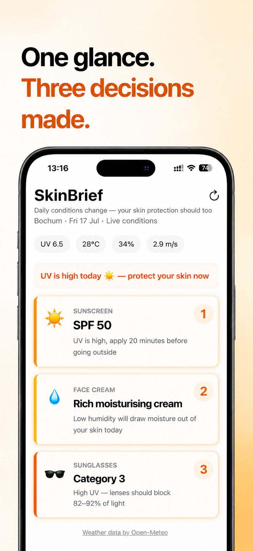 SkinBrief's summer briefing at a glance — strong sun with a clear recommendation to apply SPF 50.