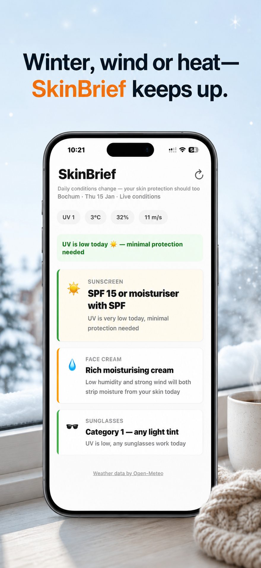 SkinBrief's winter briefing — low UV and dry air calling for SPF 15 and a richer moisturising cream.